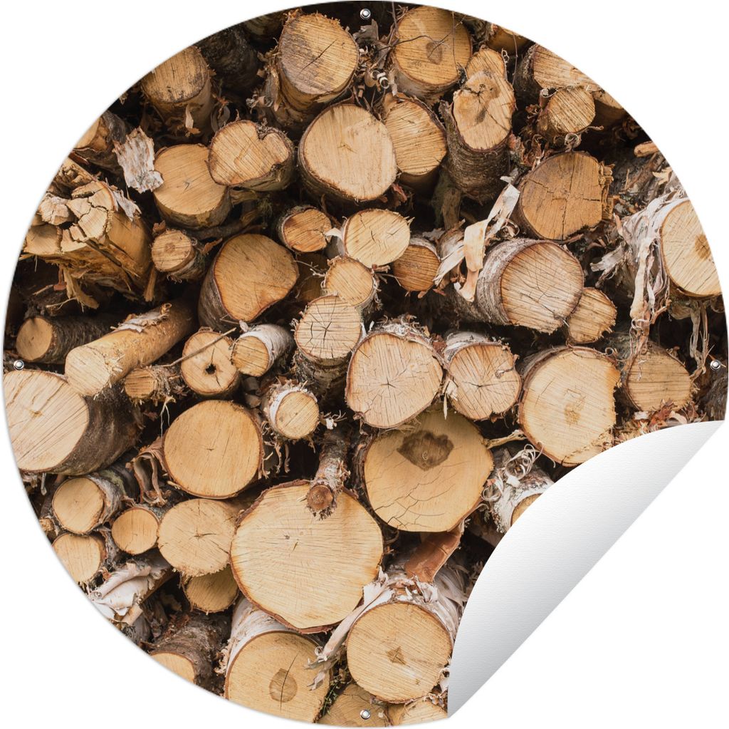 MuchoWow Gartenposter Outdoor-Poster Rund Ein Haufen gefällter Baumstämme Ø 60 cm Gartendeko Rundes Poster draußen