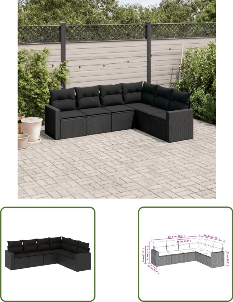 The Living Store 6-tlg. Garten-Sofagarnitur mit Kissen Schwarz Poly Rattan