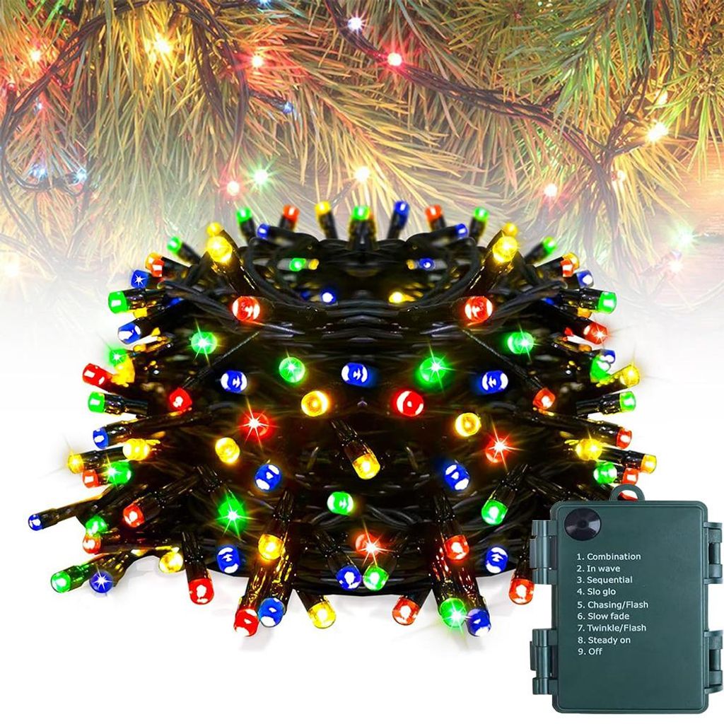 10m 100 LED Lichterkette Bunt 8 Beleuchtungsmodi Batteriebetrieben Lichterketten mit Timer Weihnachten Hochzeit Halloween Party Garten Deko