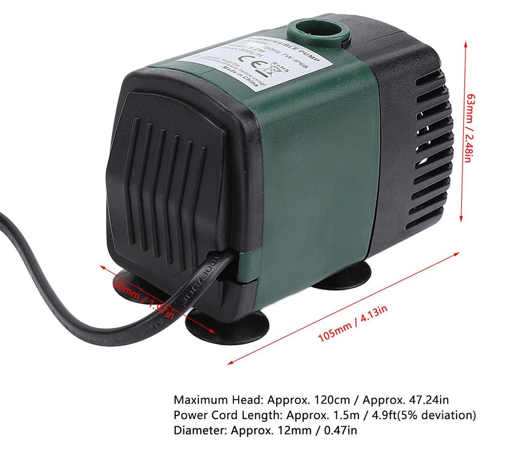 Tauchbrunnenpumpe, klein, für den Außenbereich, Schutzklasse IP68, 7 W, 500 l/h, für Aquarien, Fischbecken und Teiche, SM‐039L, EU-Stecker, 220 V