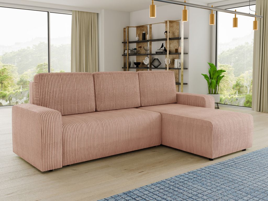 Ecksofa Roma L mit Schlaffunktion und Bettkasten - Cord Stoff - L-Form Couch, Polstersofa, Schlafsofa, Sofagarnitur (Pink (Poso 052))