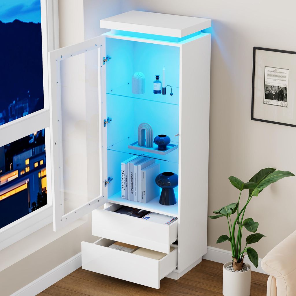 STILVORA Vitrine mit 2 Schubladen, Hochglanz Hochschrank mit LED-Lichtstreifen, Glasvitrine mit Glastüren aus transparentem Acrylmaterial und Klap...