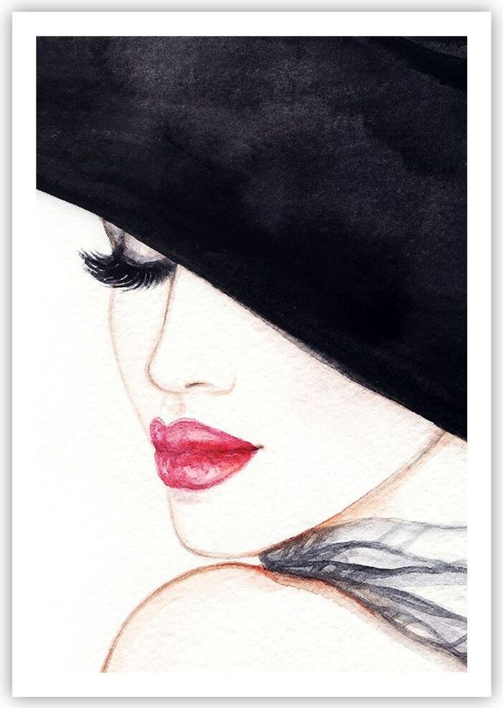 Poster - Poster ohne Rahmen - Frau Lippen Hut Eleganz - 70x100 cm - Wand Bild - Wanddeko - Wandbilder - Kunstposter - Wandposter - Bilder - Kunstdr...