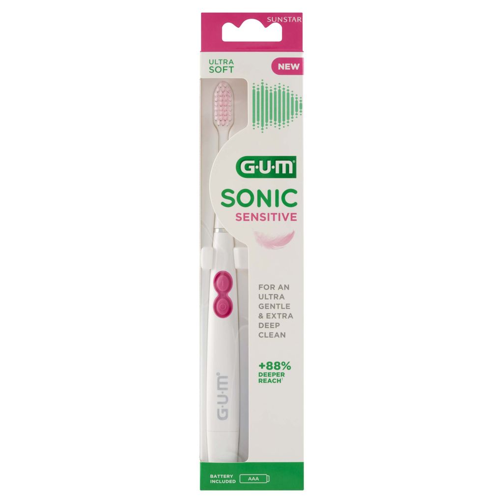 A product package for a GUM Sonic Sensitive toothbrush.