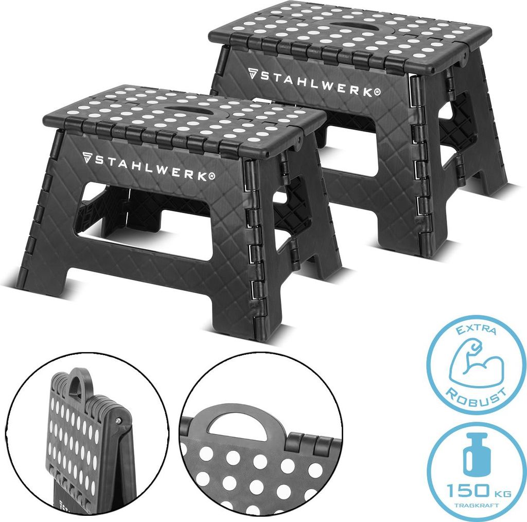 STAHLWERK Klapptritt KT-2 ST 2er Set mit 150 kg Tragkraft Faltbarer Tritthocker