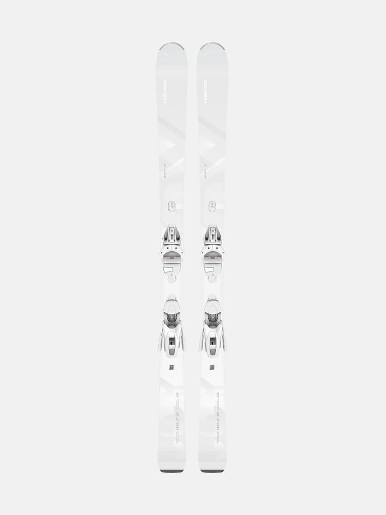 A pair of white skis with silver bindings, presented upright against a plain white background.