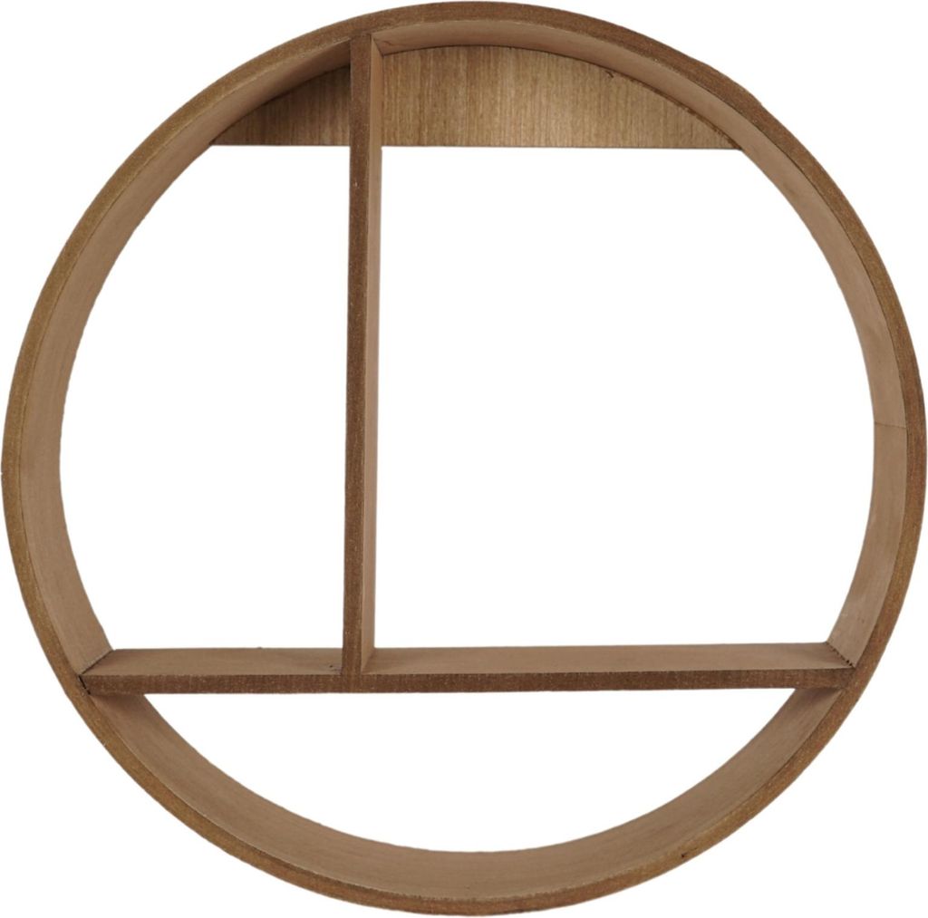 A wooden circular shelf with internal dividers.