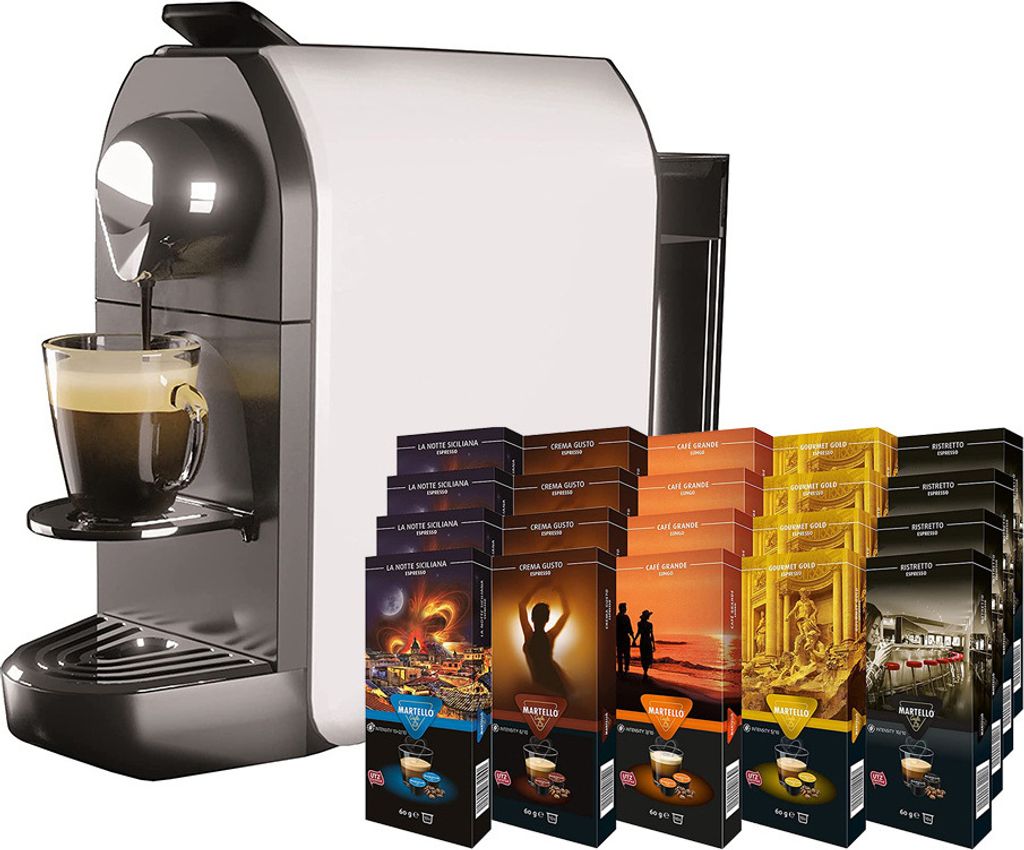 A coffee machine with a cup of coffee being dispensed, and a large display of coffee capsule boxes.