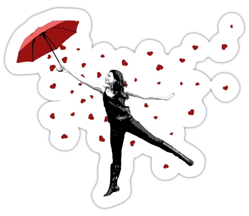 Spreadshirt Frau Mit Rotem Schirm Und Fliegenden Herzen Banksy Sticker Aufkleber, 10 x 10 cm, Mattweiß