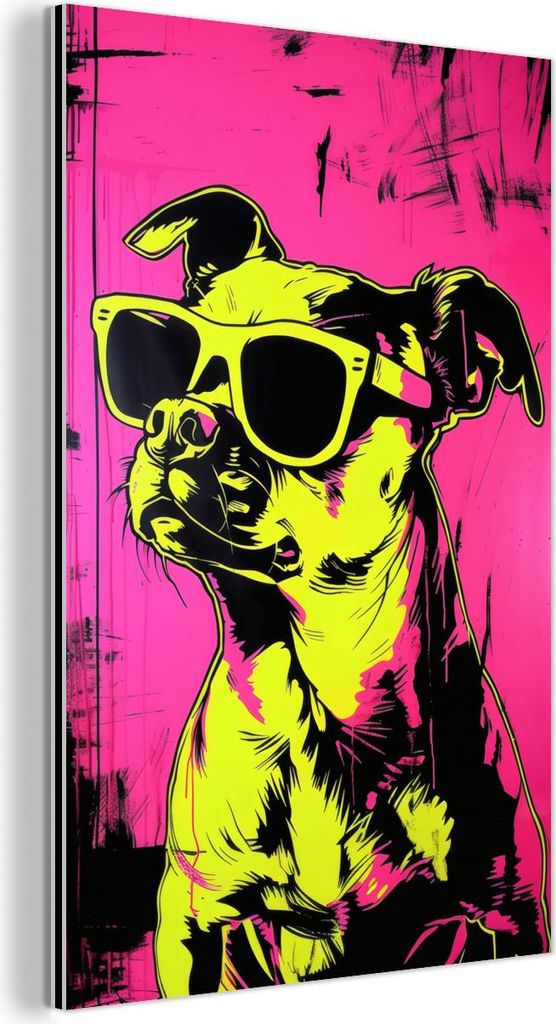 MuchoWow Wanddekoration Metall Metallbild Wandkunst 60x90 cm Hund - Sonnenbrille - Rosa - Kunst MuchoWow Aluminium Gemälde - Wandbilder - Aluminium
