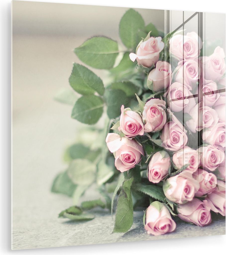 MuchoWow Glasbilder - Bilder auf Wandbild - Foto auf Glas Ein großes Buch mit rosa Rosen liegt auf einem Tisch. 20x20 cm Wanddekoration aus Glas -...