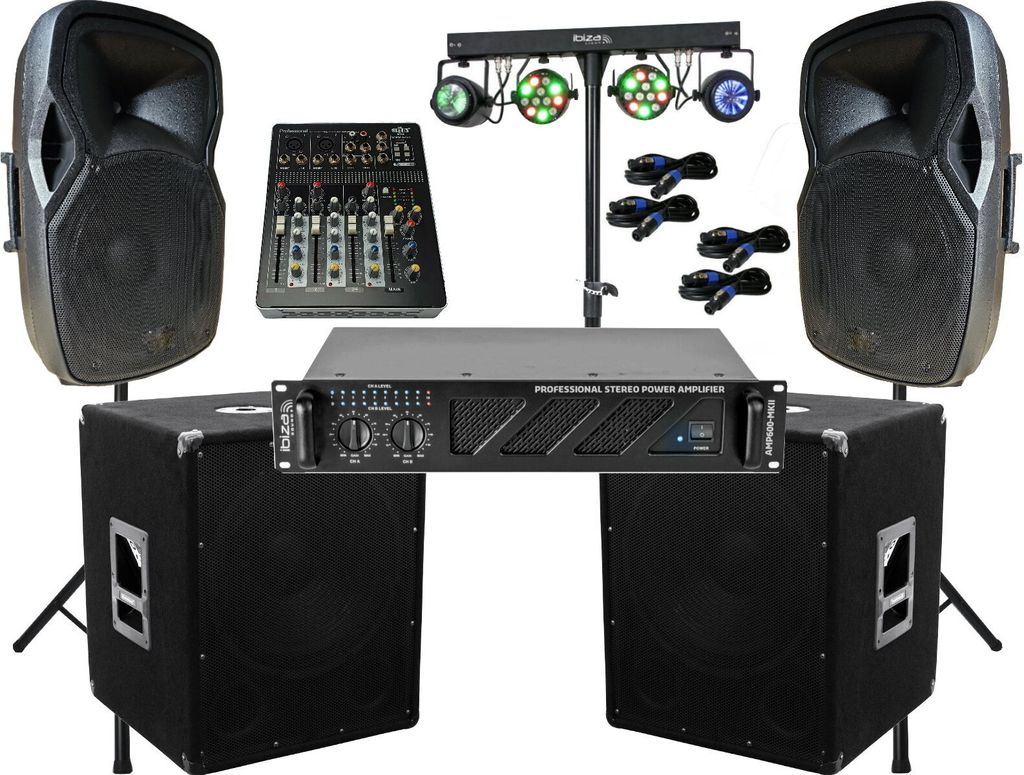 DJ PA Anlage 3600 Watt 38cm Box USB Mischpult 15" Subwoofer Stativ LED Light Set