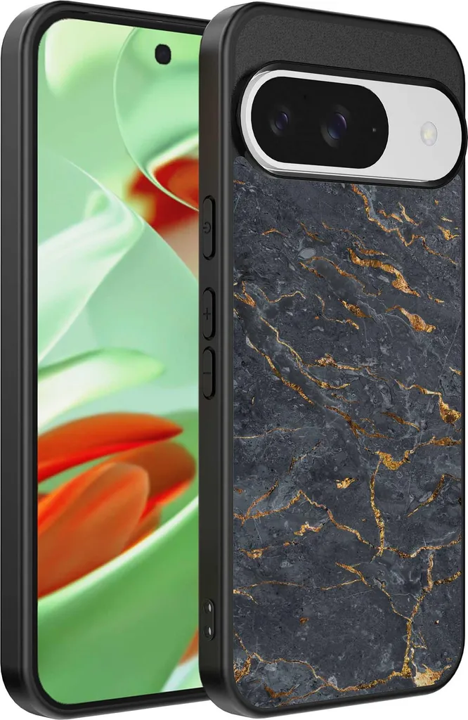 Custodia per Google Pixel 9 Pro con stampa marmo grigio oro - Custodia backcover in TPU con design marmo grigio oro - Nero - Smartphonica