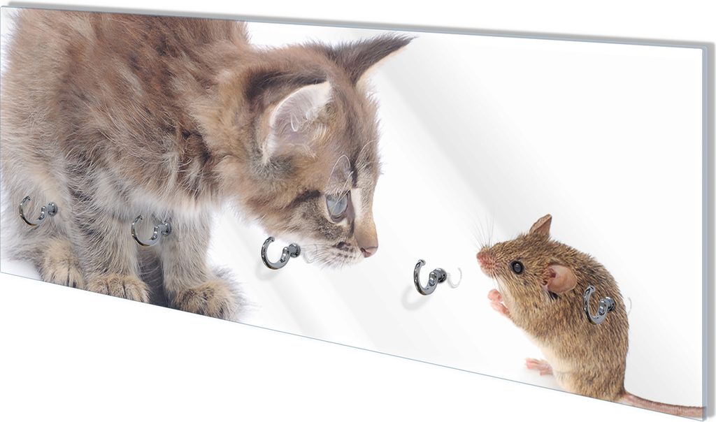 Wallario Flurgarderobe Wandgarderobe aus Glas, mit 5 Haken, Größe 80 x 30 cm, Motiv Katze und Maus beim Spielen - weißer Hintergrund