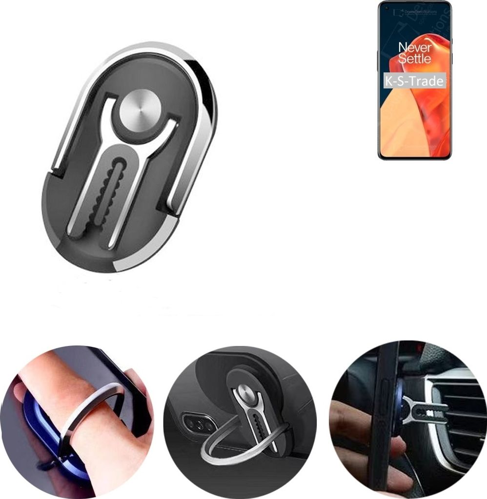 K-S-Trade 3in1 Smartphone-Ring Handy-Ring kompatibel mit OnePlus 9 Fingerhalterung Handyring Tischständer Lüftungsgitter-Halterung Tisch Ständer