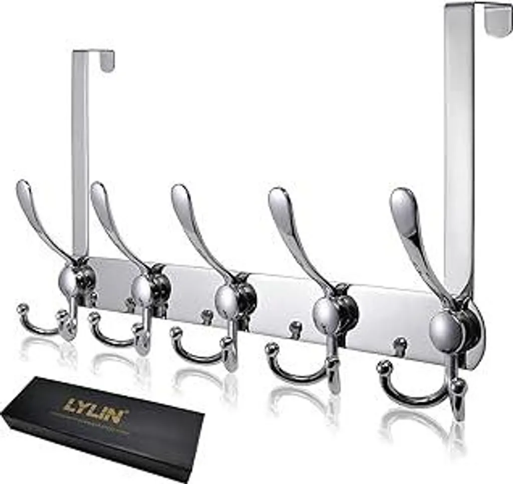 LYLIN Gancio per porta in acciaio inossidabile, appendiabiti da porta con 15 ganci, appendiabiti da porta senza foratura, gancio appendiabiti da porta per cucina, bagno, corridoio e camera da letto (argento, spessore della battuta della porta fino a 2 cm) - 1