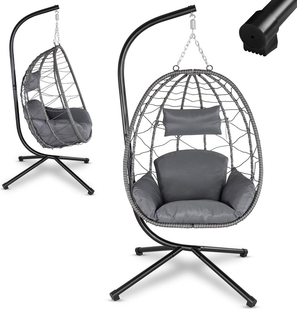 Juskys Hängesessel Aria mit Kissen - höhenverstellbar & faltbar - Polyrattan Hängeschaukel Outdoor & Indoor - Korbhängesessel bis 130kg Dunkelgrau