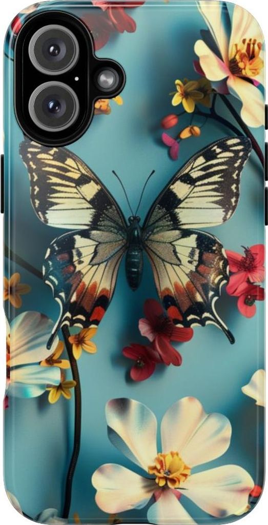 Schmetterling und Blumenmuster auf Blau – Hülle Kompatibel mit iPhone 16 Plus