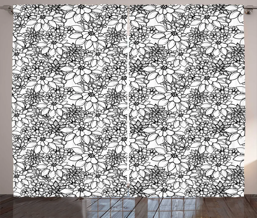 Rideau large 280x225 cm pour cacher vis-à-vis motifs fleurs gris