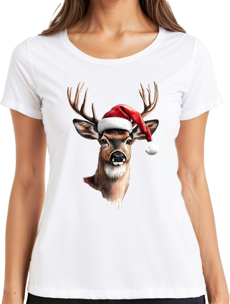 Rentier Hirsch Geweih Santa Hut Weihnachten Geschenk Vintage Damen T-Shirt, Weiß, XL