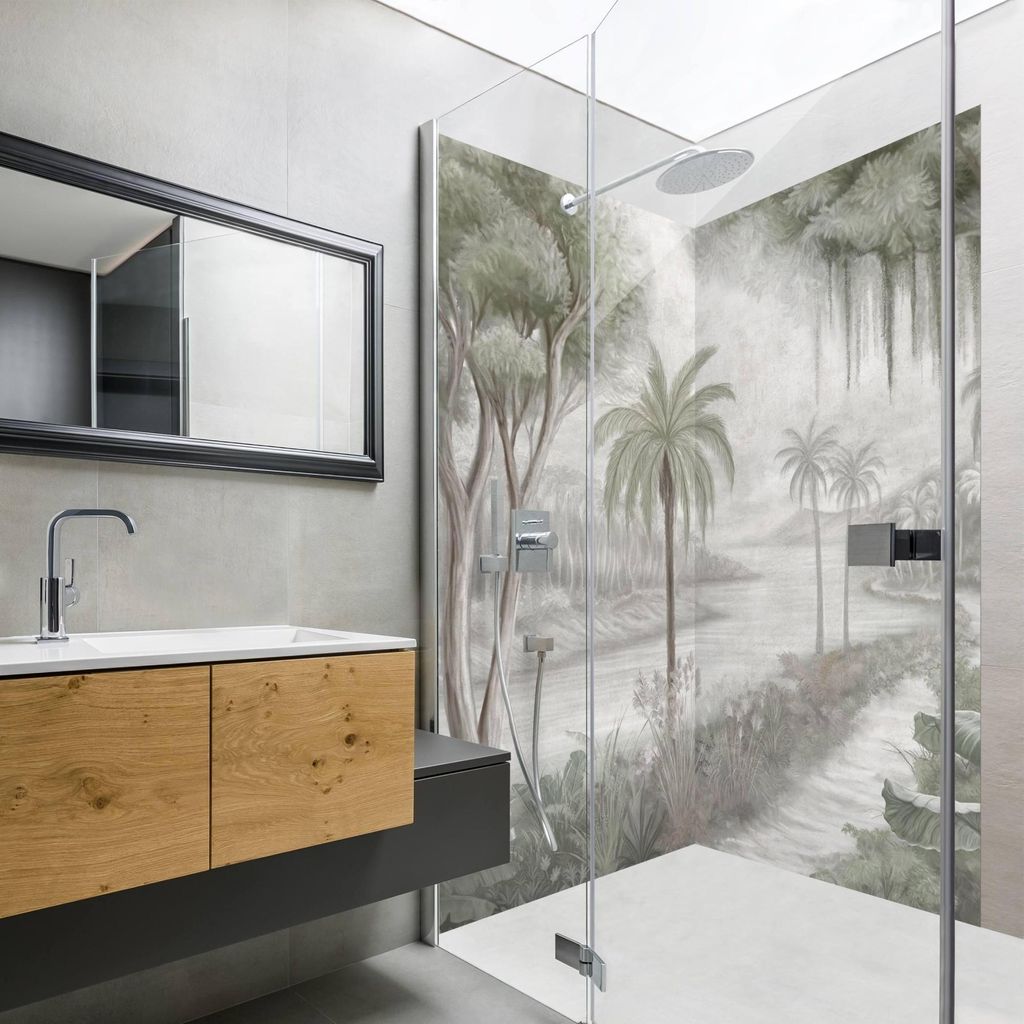 Duschrückwand Wald selbstklebend - 0.35 mm Wandpaneel wasserfest Dschungel grün Tropisch Badrückwand fugenlos Smart matt 110x190 cm