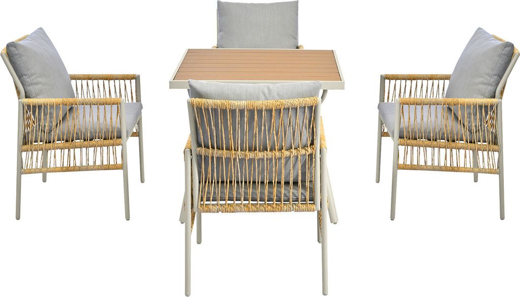 Garten-Essgruppe(5 Set,Beige)Gestell aus verzinktem Eisen,Gartenmöbel-Set,WPC-Tischplatte,PE-Rattan,naturfarben, mit verstellbaren Füßen,mit Sit...