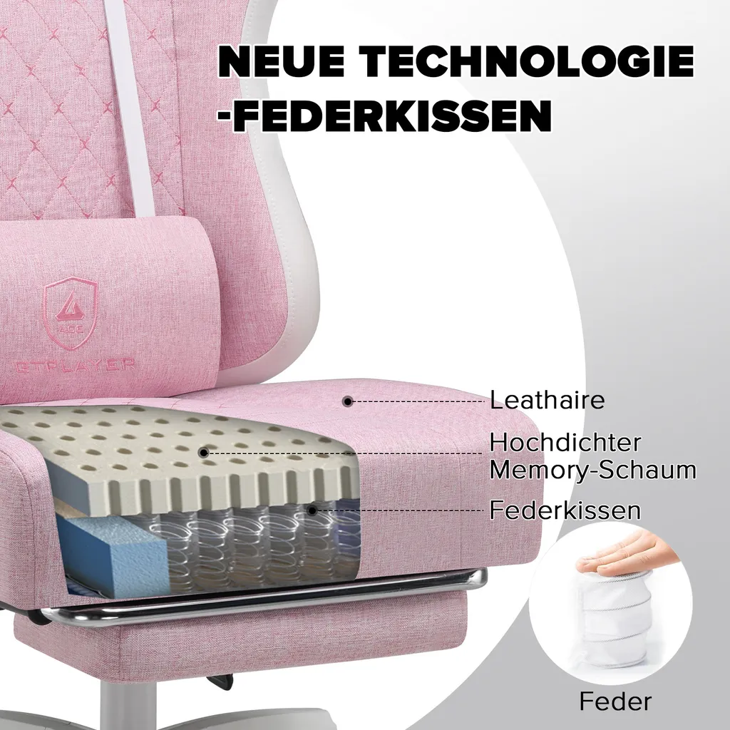 GTPLAYER Chaise Gamer Ergonomique - Fauteuil Racing en Tissu Blanc Rose - 4