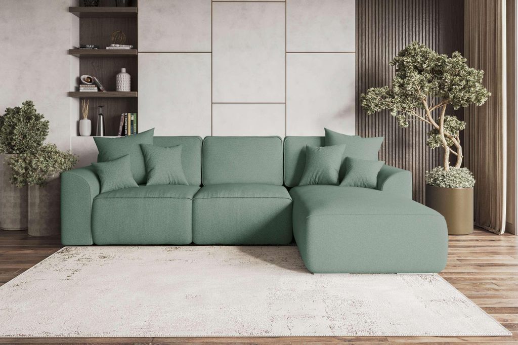 99rooms Gusto Ecksofa Strukturstoff NEVE Salbeigrün Rechts mit Schlaffunktion