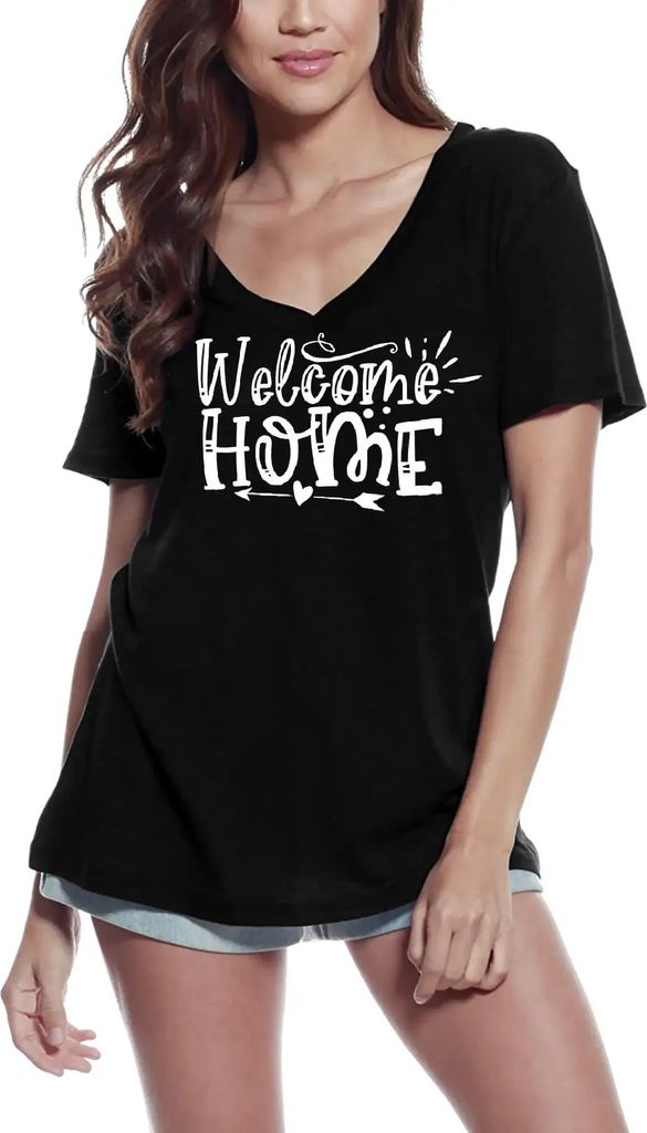 Damen Grafik T-Shirt V-Ausschnitt Willkommen zu Hause – Welcome Home – Öko-Verantwortlich Vintage Jahrgang Kurzarm Lustige Druck Geburtstag Ge...
