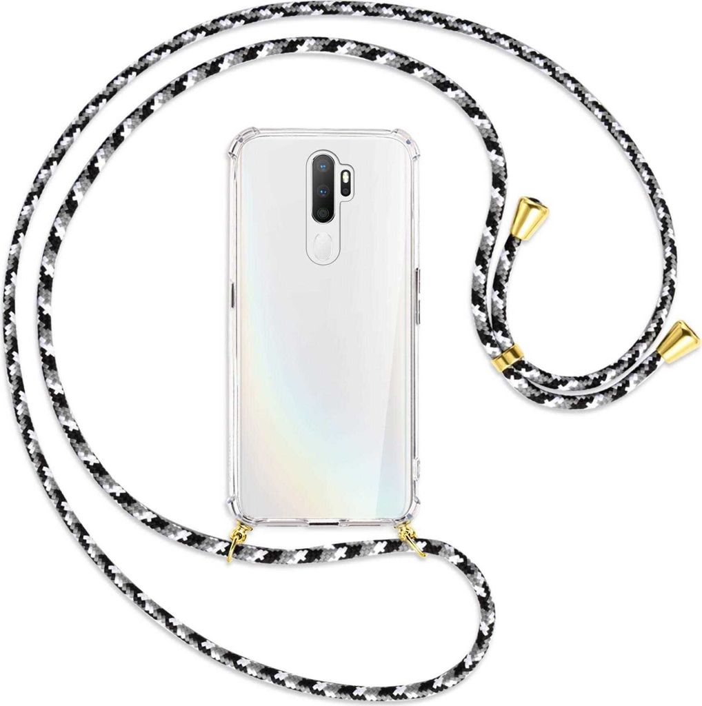 Handykette Backcover-Schutzhülle mit Band (Metall goldfarben) für Oppo A5 2020 / A9 2020 / A11x - schwarz/grau/weiß