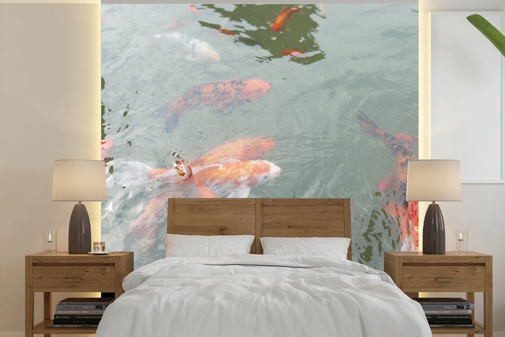 MuchoWow Fototapete für Wohnzimmer oder Schlafzimmer Wandtapete Vinyl Motivtapete Eine Gruppe von Koi-Karpfen in einem Teich - 280x280 cm - Hint...