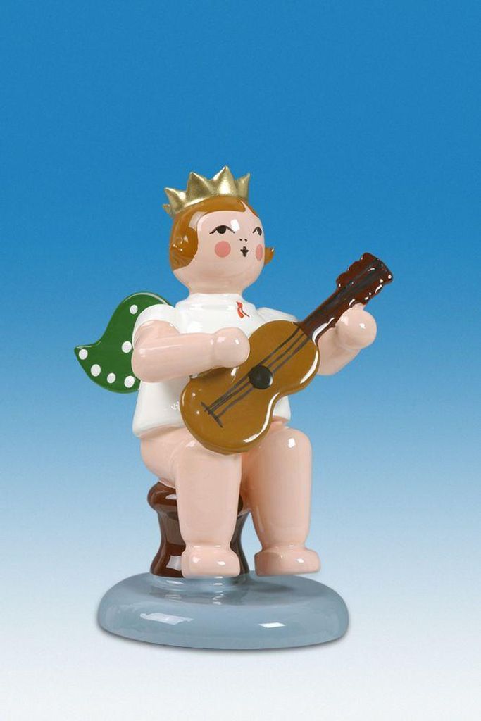Holzfigur Engel sitzend mit Gitarre und Krone Höhe 6cm NEU