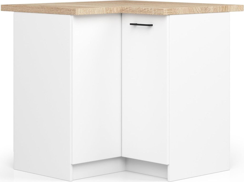 A corner kitchen cabinet with a wooden countertop and a black handle.