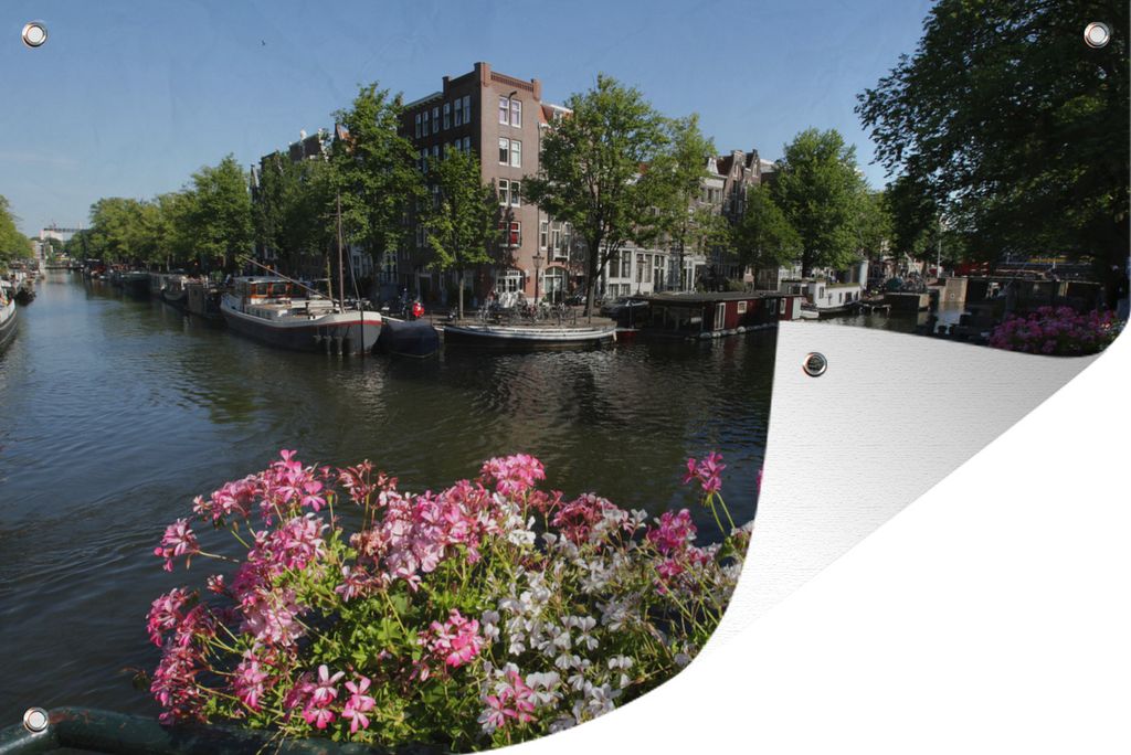 MuchoWow 120x80 cm Outdoor-Poster Gartendeko Sichtschutz Garten Poster für den Garten Amsterdamer Grachtenhäuser mit Blumen