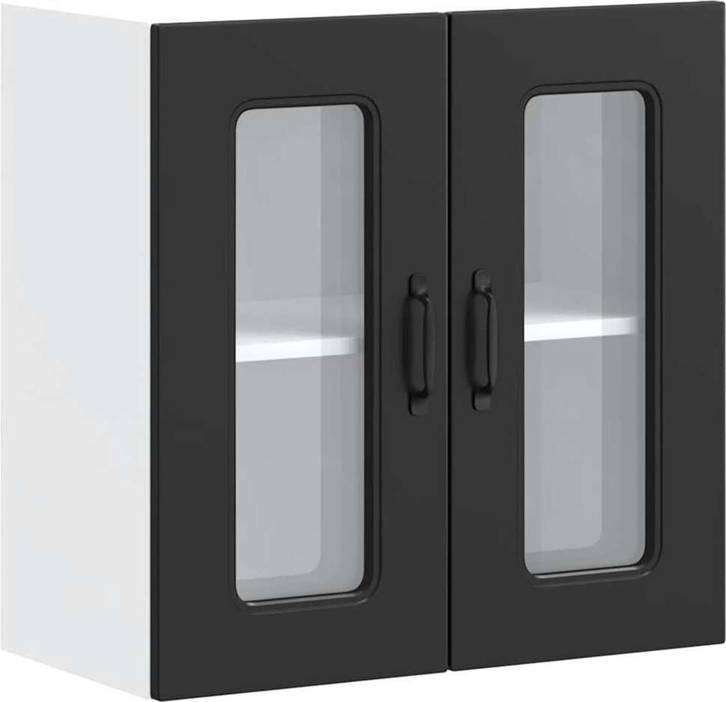 A black cabinet with glass doors and white interior, isolated on a white background.