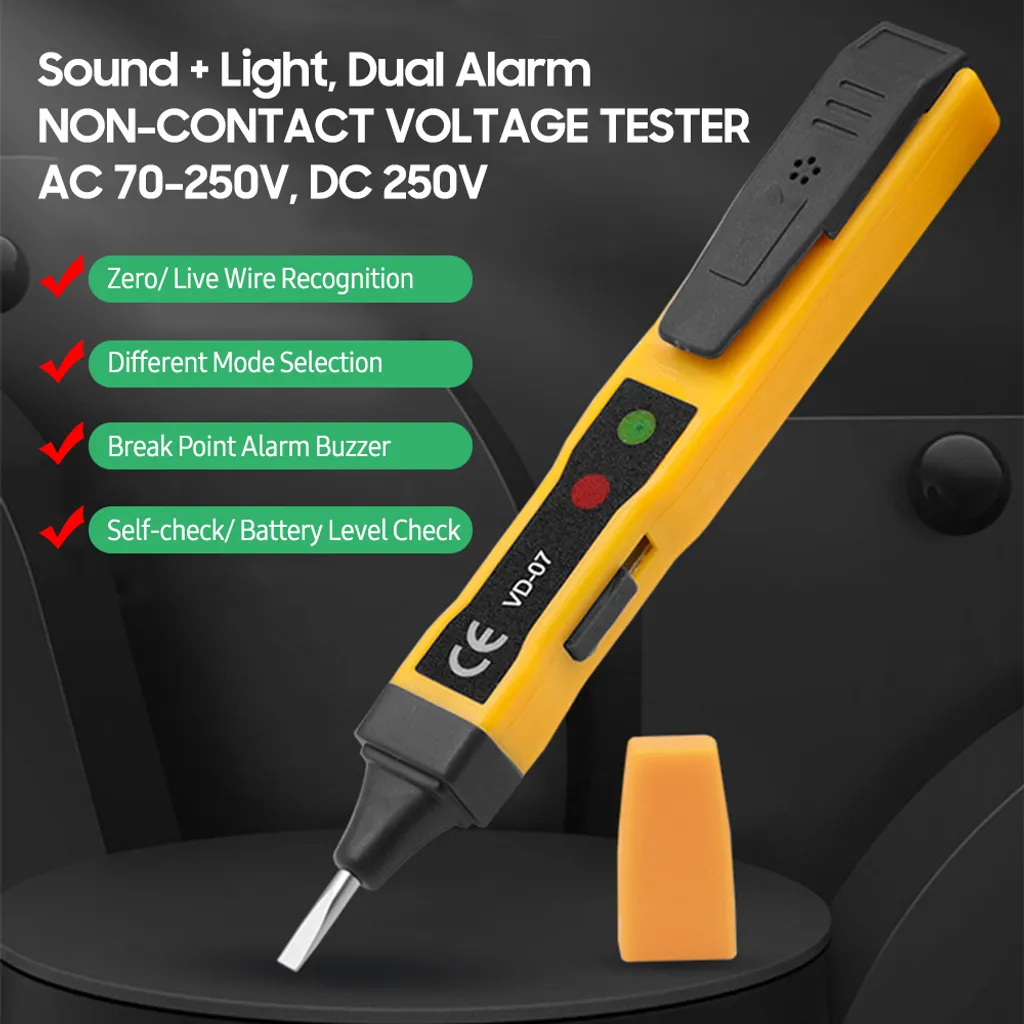 Penna tester di tensione AC senza contatto AC 70-250V DC 250V Rilevatore portatile NCV con doppio allarme sonoro e luminoso, riconoscimento di zero/fili in tensione, rilevamento del punto di interruzione, controllo del livello della batteria - 2