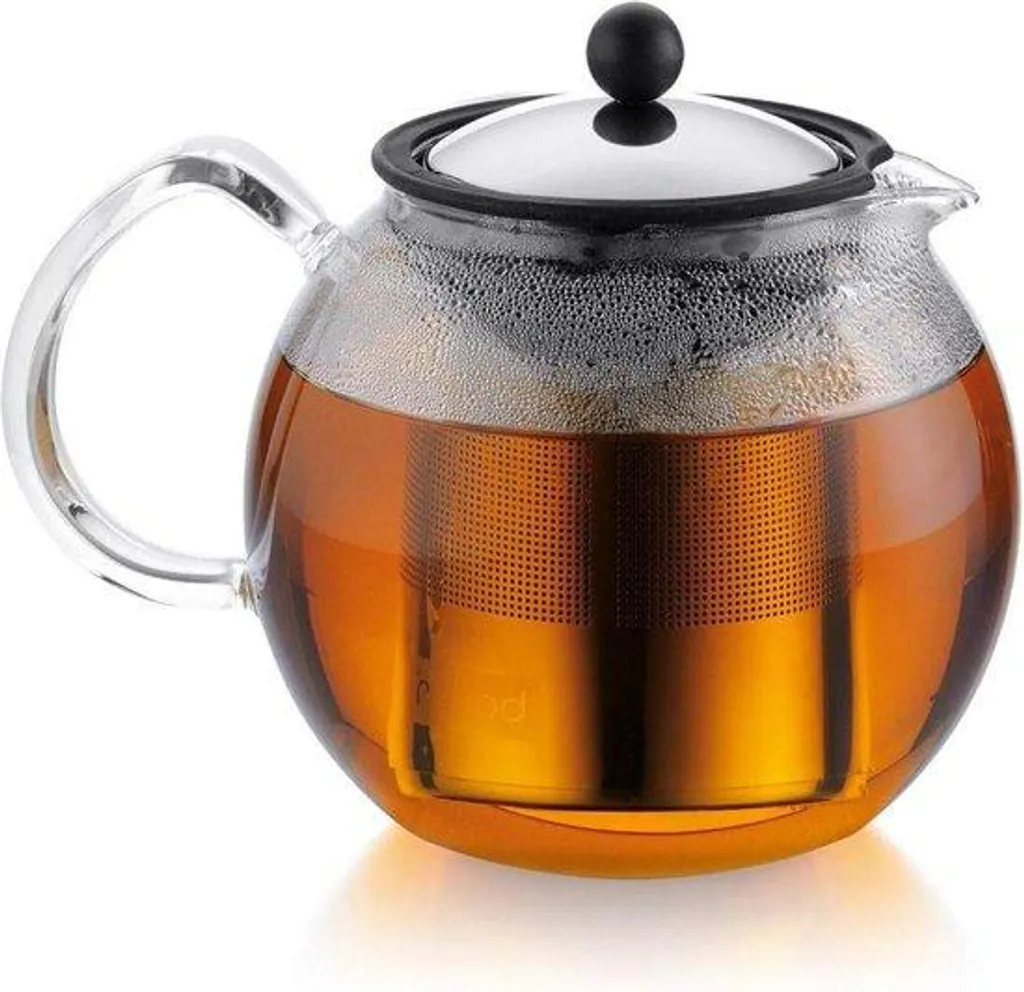 Théière 1,5 litre en inox brillant avec poignée verre et filtre doseur