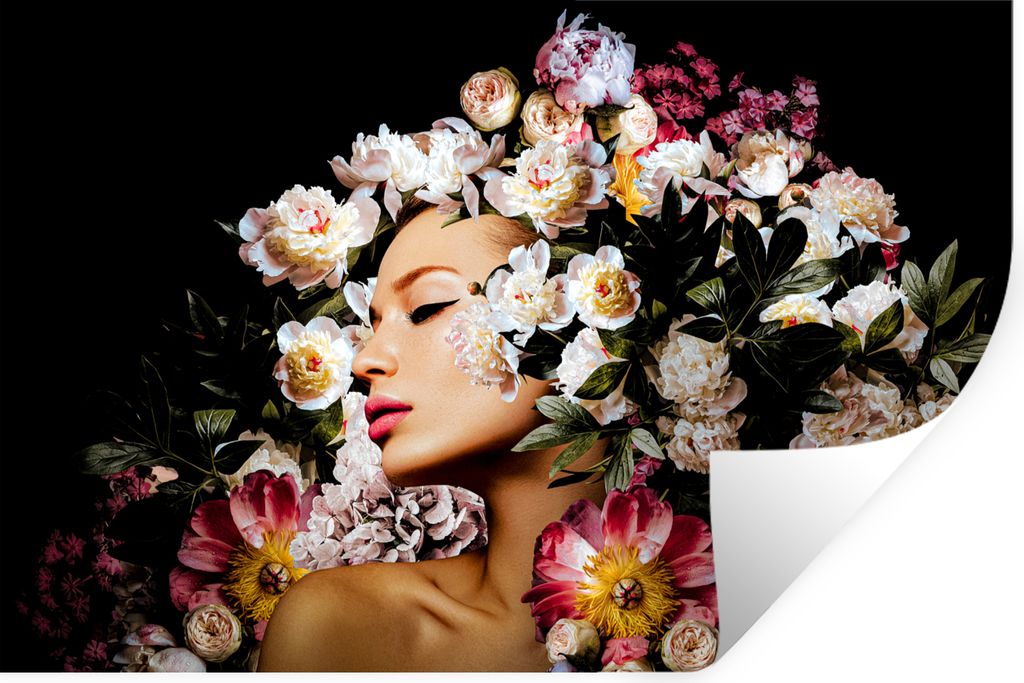 MuchoWow Wandtattoo Wandsticker Wandaufkleber Frauen - Blumen - Rosen - Porträt 90x60 cm Selbstklebend und Repositionierbar - Aufkleber