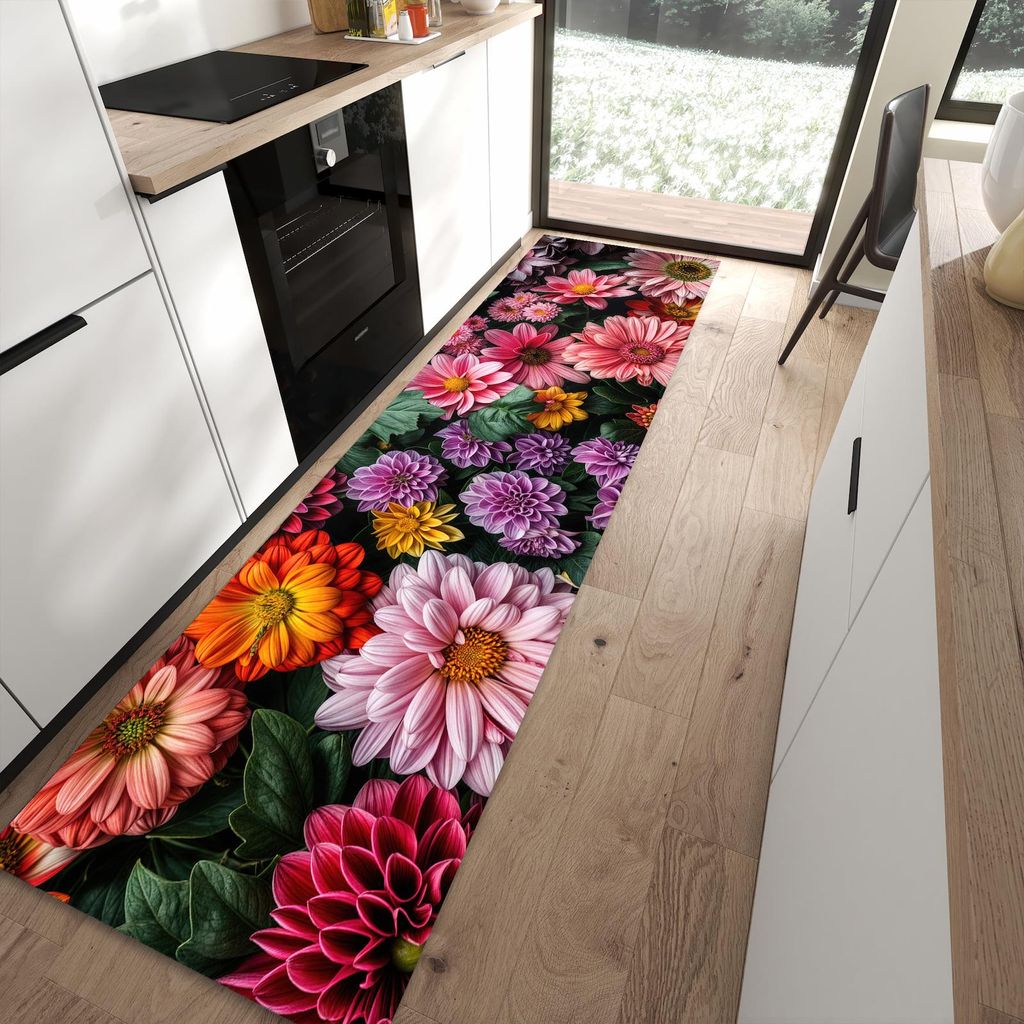 Küchenteppich 80x300cm rutschfest & abwischbar PVC Läufer - Blumenkomposition