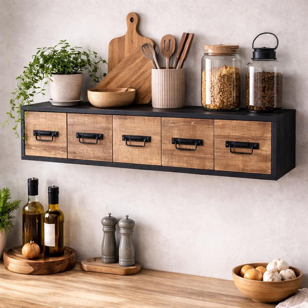 Wandregal Industrial mit 5 Schubladen Vintage Wandboard mit Produktbild 