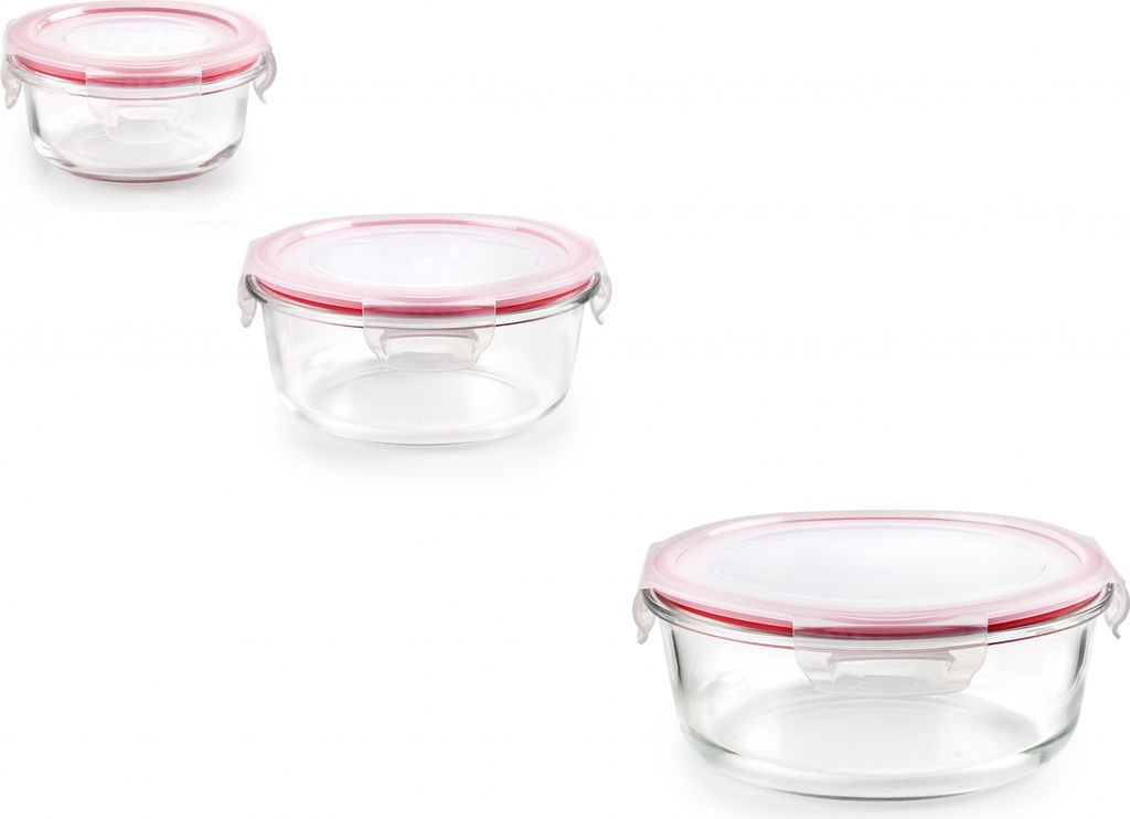 3er-Set Ibili-Borosilikat-Kasserollen, Borosilikatglas, 220/650/1300 ml, transparent/rot