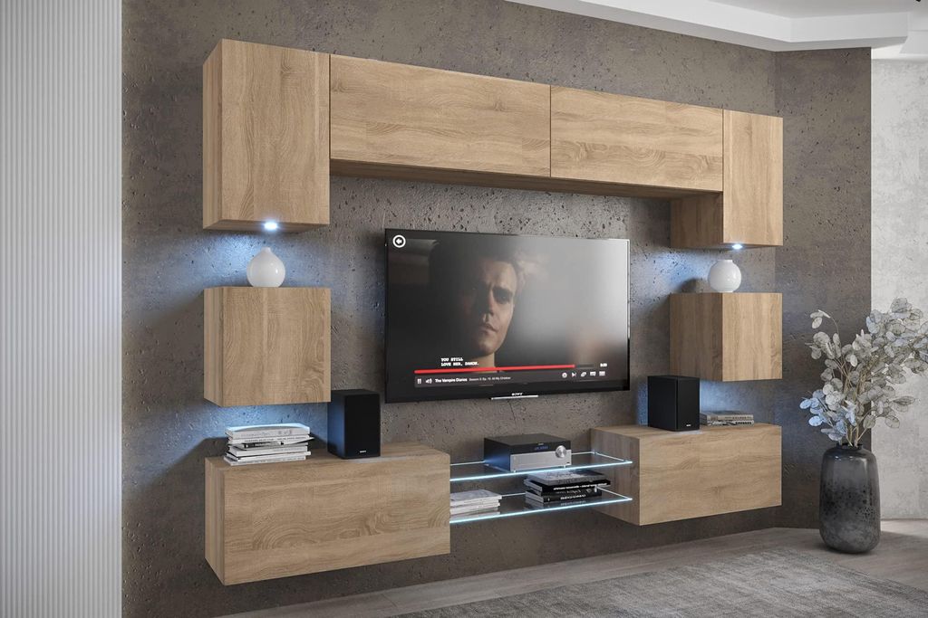 Furnitech Wohnwand Wohnzimmer - Wohnzimmer Möbel mit LED RGB - 16 Farben - Hängend Wohnwand Modern - Regale und TV Schrank (Nowara ANX1-17S-M3-1A)