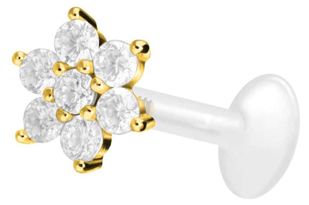 Ohrpiercing, Nasenpiercing PTFE Labret mit Innengewinde + Titan-Aufsatz KRISTALLBLUME Gold Stablänge: 10mm | Stabstärke: 1,2mm