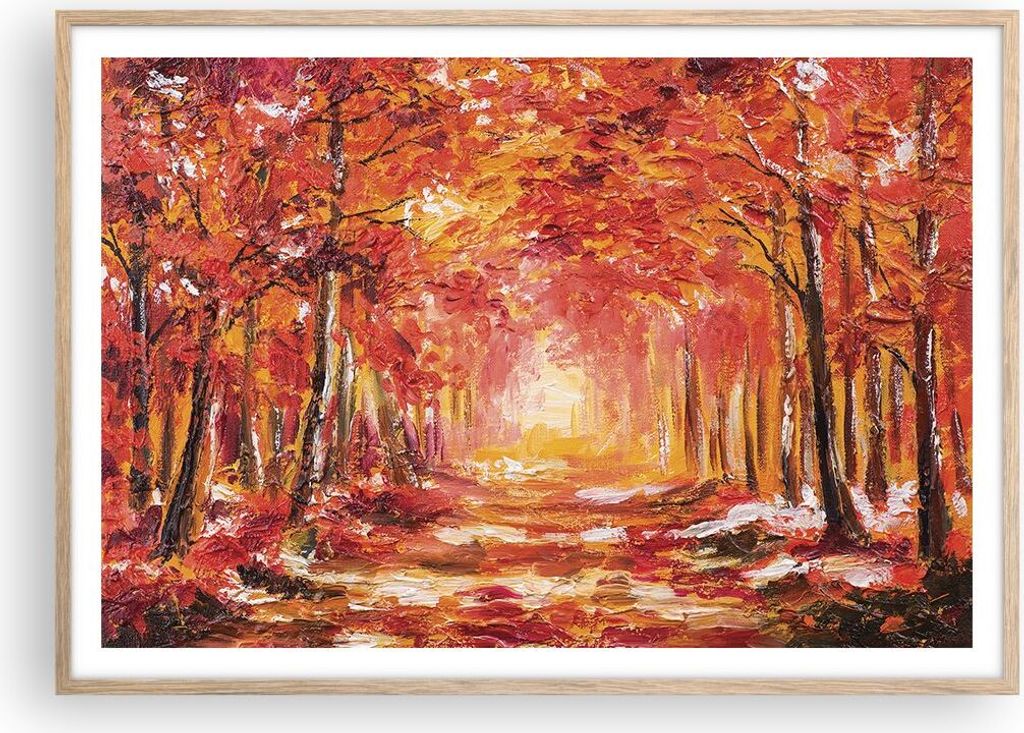 Gerahmtes Poster - Rahmen in heller Eiche - Herbst Wald Rot Produktbild 