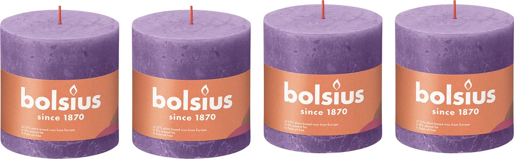Bougie violette stable lot de 4 - Finition rustique anti-coulures 10x10cm