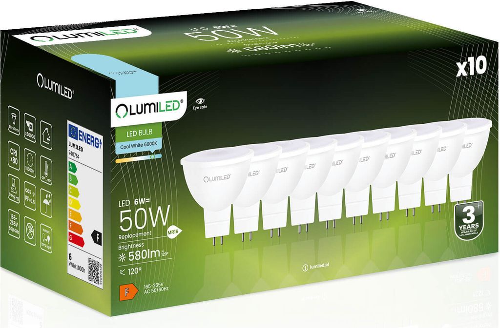 LUMILED GU5.3 LED žiarovky 230V, bodové 10 ks sada MR16 6W Obrázok produktu 