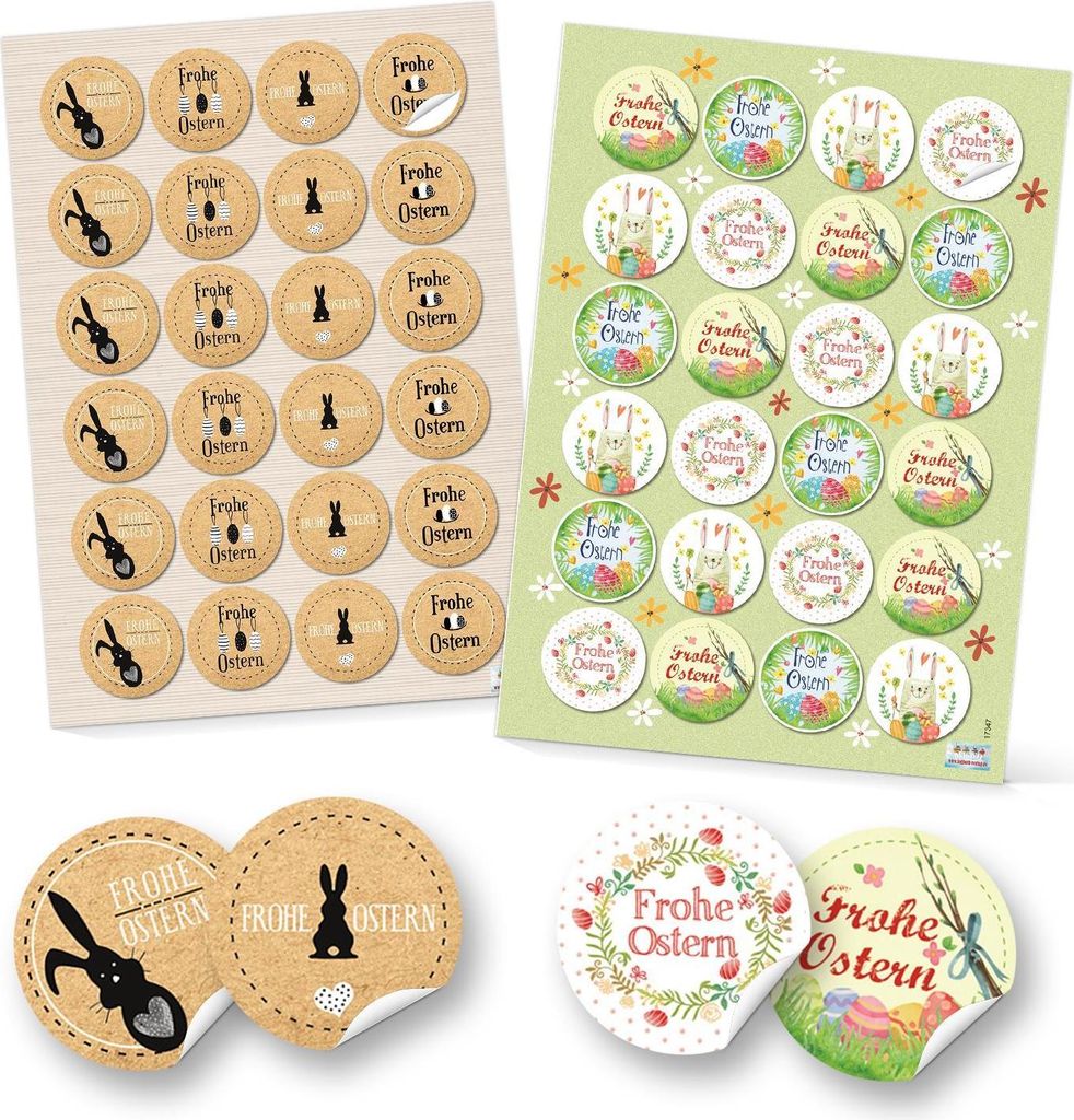 SET 96 Frohe Ostern Aufkleber Osterhase Osterdeko bunt Osteretiketten rund Verpackung Kindergeschenke Geschenke Give-Away grün gelb pink beige