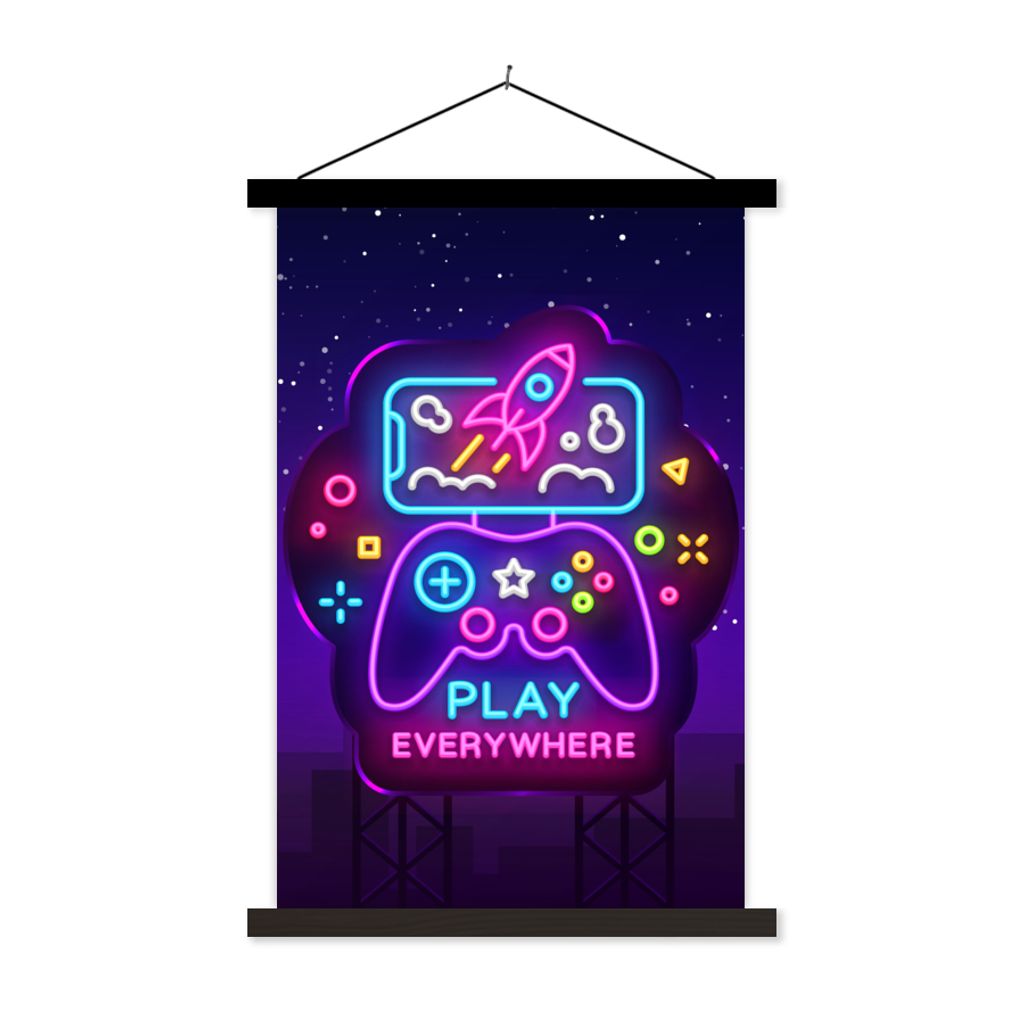 MuchoWow Textilposter Gaming - Neon - Spielen - Blau - Nacht - Controller 40x60 cm mit schwarzem Rahmen - Wanddekorationen
