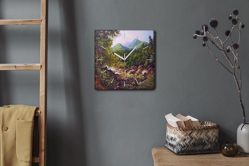 Coloray Hodiny Unikátní 30x30 cm Tiché hodiny Pro obývací pokoj a kuchyň Nástěnné hodiny Plátno Bílé ručičky hodin - Waldgebirge Flow...