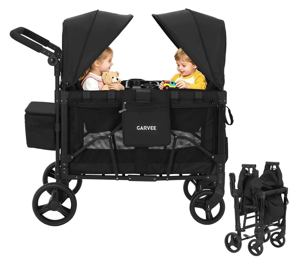 2-in-1 Kinderwagen Bollerwagen - Faltbarer 2-Sitzer Geschwisterwagen Strandwagen - Geländetauglich - Mit Dach und Snacktablett - Für 1-2 Jahre - ...